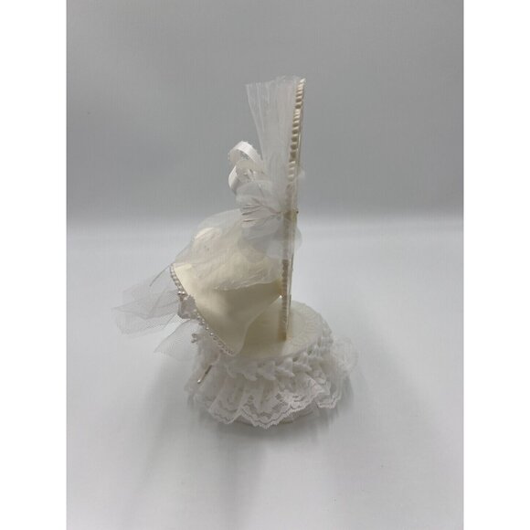 Vintage Ivory Lace Heart Shaped with Wedding Bells Tulle Flowers Cake Topper - Picture 8 of 13